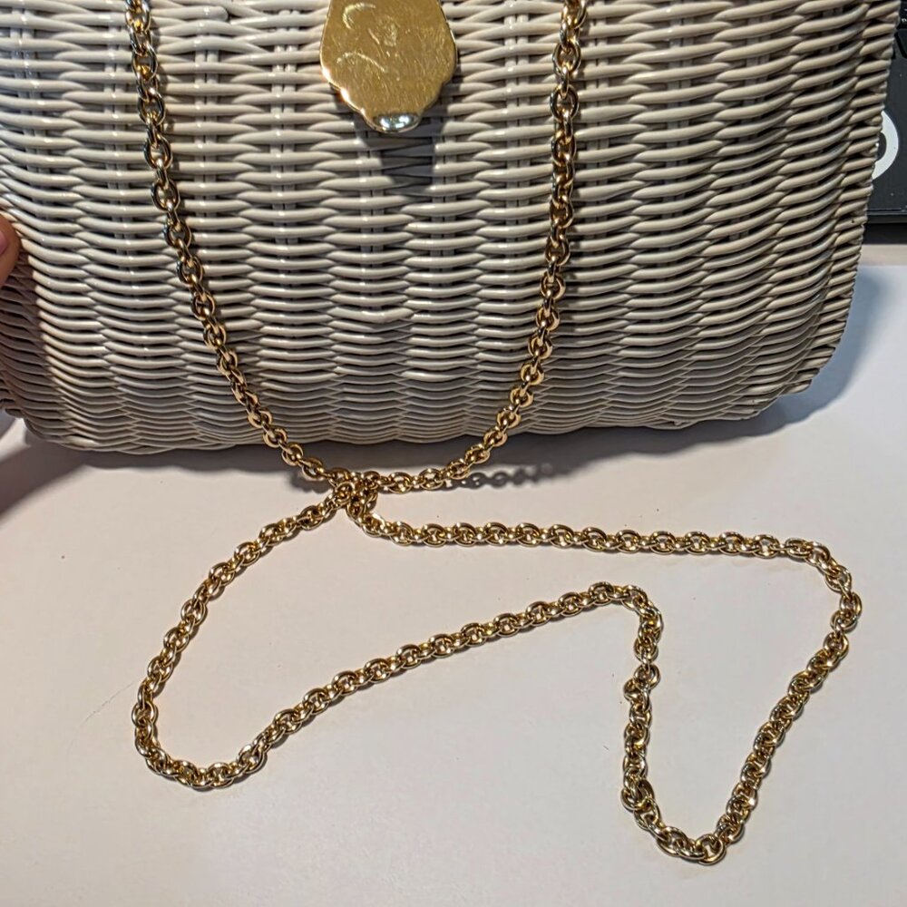 Magid white wicker clutch purse crossbody with gold chain